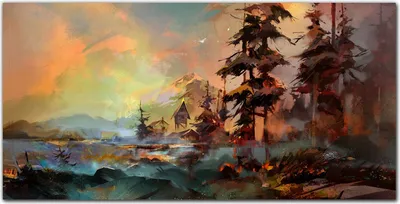 Produktbild von Coloray Bild aus Leinwand 140x70 Leinwand Dekoration - Malerei Dorf Baum nach oben
