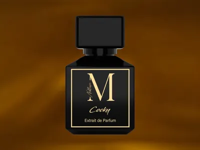A black bottle of perfume with a gold label.