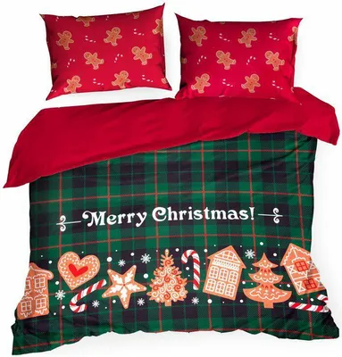 Imagen del producto de Eurofirany, juego de sábanas FESTA, 200x220 cm, para Navidad, con funda de cojín de 70x80 cm, color verde y rojo