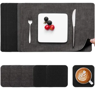 Platzset und Untersetzer aus Kunstleder, 6-teilig, 43x30 cm, grau-schwarz