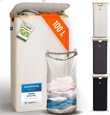 A collage of laundry baskets, with one main basket shown in detail with a laundry bag inside and marketing labels.