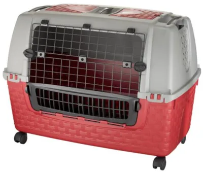 A pet transport box with wheels.