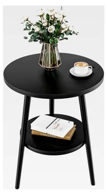 Produktbild von Beistelltisch mit 2 Ablagen, runder Couchtisch mit Stauraum, 2-Ebenen Sofatisch, Nachttisch aus Holz mit Stahlgestell, 38 x 55 cm (ohne Ladestation, Schwarz)