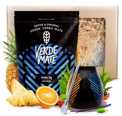 Produktbild von Verde Mate - Mate Tee Set Mas IQ 400g - Dicke Blätter 5mm - Keramik Mate Becher Samba 350ml - Bombilla - Luftgetrocknet, Mild - Geschenkset
