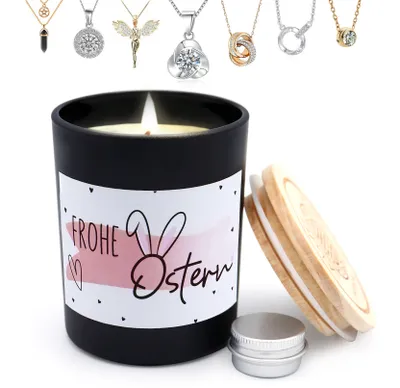 Produktbild von Ostergeschenk, Kerze mit Schmuck, Geschenk für Frauen, vegane Sojawachs Duftkerze im Glas für Ostern, Frohe Ostern (Schwarz), K001