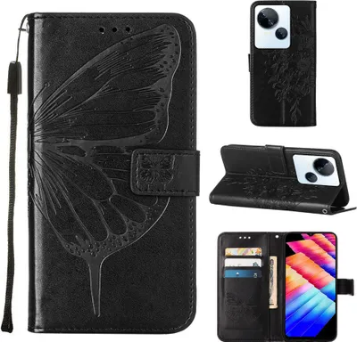 Obrázek produktu pro Pouzdro pro Tecno Spark 10 5G Motýlí Reliéf Flip Kožené Pouzdro s Kapsami na Karty a Stojánkem černé