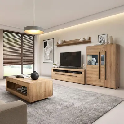 Produktbild von Wohnzimmer Set in Eiche, 4-teilig mit Wohnwand & Couchtisch, inkl. LED Beleuchtung - TURDA-83