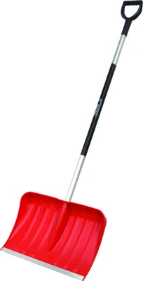 A red snow shovel with a black and silver handle is shown against a white background.