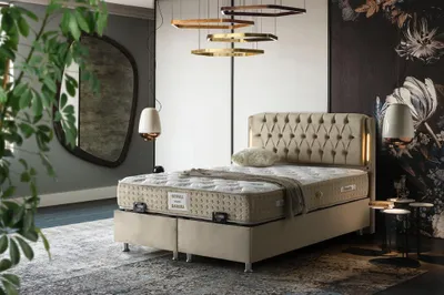 Produktbild von BAHAMA Taupe Velvet Set beige Samt Boxspringbett Set LED-Beleuchtung 180x200 cm Hydraulisch Stauraum Doppelbett