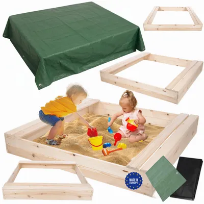 Produktbild von MODO24 Sandkasten Holz, Sitzbänke, Schutzplane, Holzsandkasten, Kinder Gartenspielzeug, Garten, 140x137 cm, Natur Imprägniert, PIA
