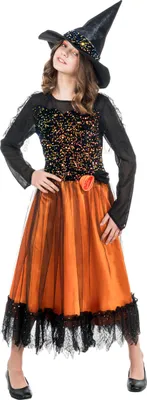 Produktbild von Hexenkostüm "Lucinda" für Mädchen mit Pailletten | Schwarz Orange Größe: 140