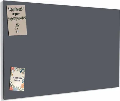 A dark gray magnetic board with two notes attached.