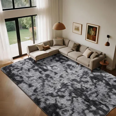 Image de Tapis pour salon, poil long, 160x230 cm, noir et gris