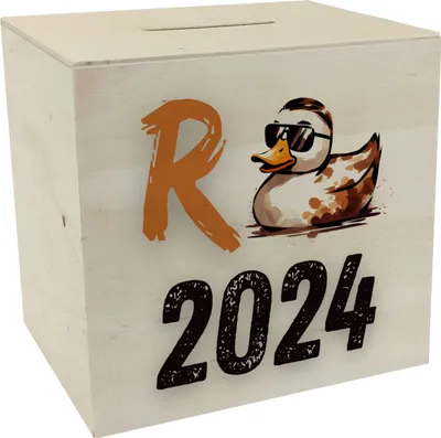Produktbild von Ente mit Sonnenbrille Spardose aus Holz mit Spruch Rente 2024