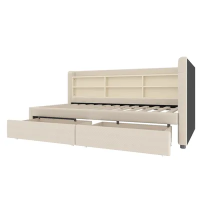Zdjęcie produktu dla Wielofunkcyjna sofa 90x200 z USB-C, szufladami, półkami, pościelą, beżowa