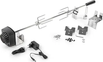 Produktbild von BBQ Drehspieß, Fieldmann FZG 9031, 230V Motor, 80 cm Edelstahlspieß, 2 Vier-Zinken-Gabeln, 3 Chromhalterungen