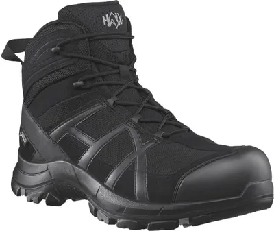 A black hiking boot is shown against a white background.