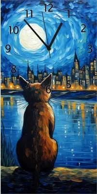Produktbild von Wallario Design Wanduhr Katze im Mondschein aus Echtglas, Größe 30 x 60 cm