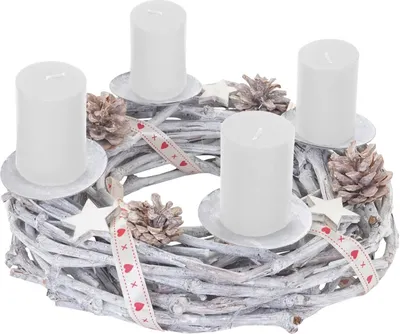 Produktbild von Adventskranz rund, Weihnachtsdeko Tischkranz, Holz Ø 30cm weiß-grau  mit Kerzen, weiß