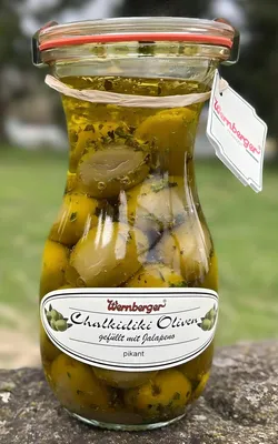 Produktbild von Chalkidiki-Oliven mit Jalapeño – Scharf, herzhaft & naturbelassen