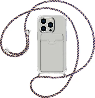 Produktbild von Handykette Backcover-Schutzhülle mit Band (Metall silberfarben) für Apple iPhone 15 Pro - blau+beige