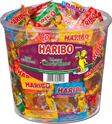 Produktbild von Haribo Merry Christmas 100 x mini sáčky v plechovce 980g