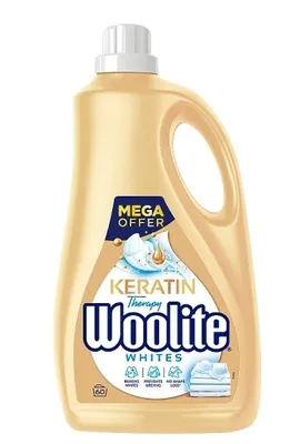 A bottle of Woolite Whites laundry detergent.