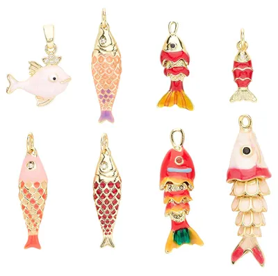 8 Fisch-Anhänger, rot, Messing mit Zirkonia, für Schmuck