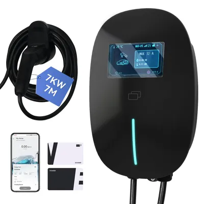 Image de Station de recharge murale Puluomis, 7 kW, câble de charge 7 mètres, type 2 avec support. Chargeur pour véhicules électriques, monophasé, réglable de 6 à 32A, indice de protection IP65, avec Wi-Fi et Bluetooth, minuterie 24 heures, couleur noire