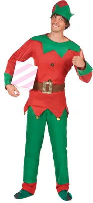 A man dressed as an elf holding a gift and giving a thumbs up.