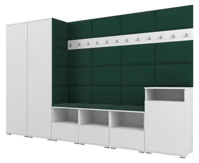 Obrázek produktu pro Šatní skříň NELA XII 300 cm – modulární nábytek do předsíně, bílá s polstrovaným sedákem v barvě láhvové zelené 28 (obří sada)