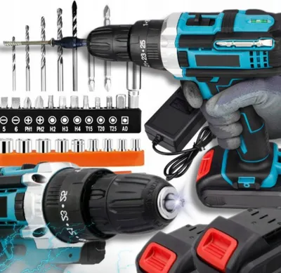 Zdjęcie produktu dla Wkrętarka akumulatorowa 21V, czarno-niebieska, z dwoma akumulatorami, diodą LED i walizką