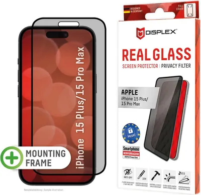 Produktbild von Displex Privacy Panzerglas (10H) für Apple iPhone 15 Plus/15 Pro Max, Eco-Montagerahmen, Privacy Filter, Apple, Apple iPhone 15 Plus, Apple iPhone 15 Pro Max, Trockene Anwendung, Schlagfest, Kratzresistent, Staubresistent, Transparent, 1 Stück(e)