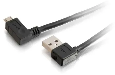 Imagen del producto de Cable C2G USB 2.0, conector tipo A en ángulo recto a conector Micro-USB tipo B en ángulo recto. Cable USB - Micro-USB tipo B (macho) a USB (macho) - 2 metros - Conector de 90°, conector en ángulo recto - Negro