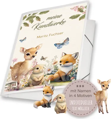 Produktbild von Zeichenmappe A3 Kindergarten Mappe personalisiert mit Namen Sweet Babies Reh Fuchs Hase - Meine Kunstwerke Erinnerungsmappe Sammelmappe Mädchen Junge