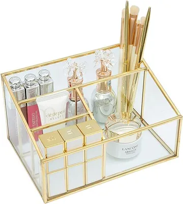 Produktbild von Vintage Pinselhalter Gold, Make up Pinsel Aufbewahrung, Glas Cosmetic Organizer, Make up Organizer, Beauty Organizer Tray, Kosmetik Organizer für Nagellack, Lippenstifte, Kosmetikpinsel