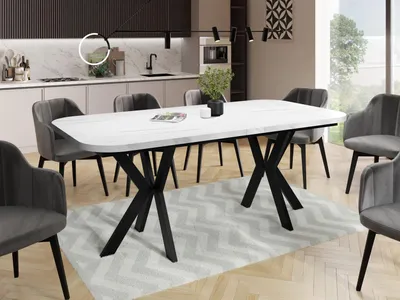 Produktbild von Ausziehbarer Esstisch im Modern-Stil - Rechteckiger Tisch in Weißer Marmoroptik mit Schwarzen Metallbeinen - Industrietisch mit Abgerundeten Ecken - Spacesaver - 200 x 100 cm - Marmor Weiß