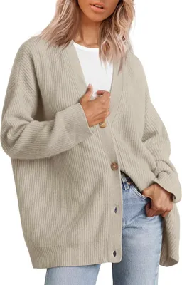 Produktbild von ASKSA Damen Strickjacke Strick Outwear V-Ausschnitt Vorne Offen Leicht Lockere Pullover mit Knoepfen, Taupe, XL