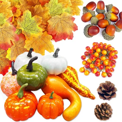 Produktbild von ROLLWAY 170 Stück Halloween Kürbis Deko Herbstblätter Set, Herbstdeko Künstliche Kürbisse Zierkürbisse Ahornblätter Eicheln Streudeko Blätter Deko Herbst Dekoration für Thanksgiving Innen Tisch