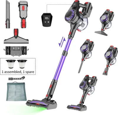 Produktbild von Akkustaubsauger - Kabelloser Handstaubsauger - 450 W - 40 kPa Saugkraft - HEPA-Filter - Anti-Tangle-LED-Bürste - 30–59 Min Laufzeit - Selbststehend - Lila