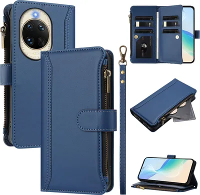 Image de Etui pour Huawei Nova 14, zippé, étui portefeuille en cuirPolyuréthaneavec pochettes pour cartes, support et dragonne bleu