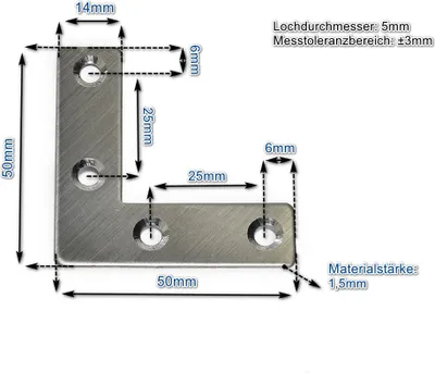 Produktbild von Edelstahl L-Verbinder 50x50x14mm (VE 10Stk) 10x einsetzbar als Lochwinkel, Metallwinkel, Balkenwinkel, Verbinder, Winkelverbinder