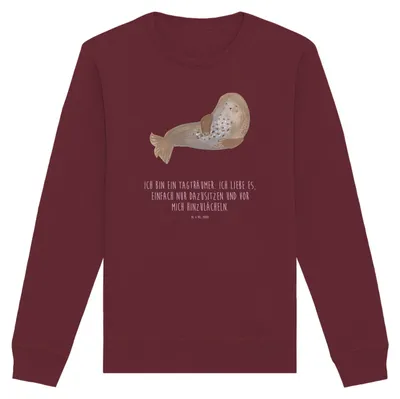 Produktbild von Mr. & Mrs. Panda Baumwoll Pullover Robbe Lachen Größe S - Burgundy - Geschenk, Robben, Sweater, Bio, Nordsee, Strand, Ostsee, Pulli, Lustige Sprüche, Sweatshirt, Seehund
