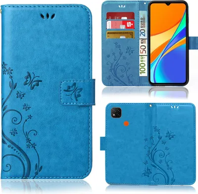 Produktbild von Handy Tasche für Xiaomi Redmi 9C NFC Schutz Hülle Handyhülle mit Blumenmuster Klapp Hülle mit Standfunktion und Kartenfächer Farbe: Blau