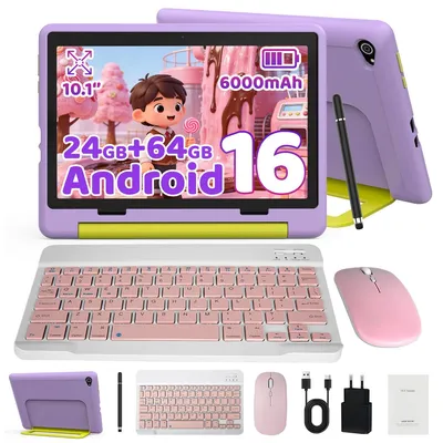 Image de Tablette JENBIZZ pour enfants, écran 10 pouces, avec Android 16, 24 Go de RAM (3 Go + 21 Go), 64 Go de stockage (extensible jusqu'à 1 To), batterie de 6000 mAh, incluant une coque de protection et un stylet