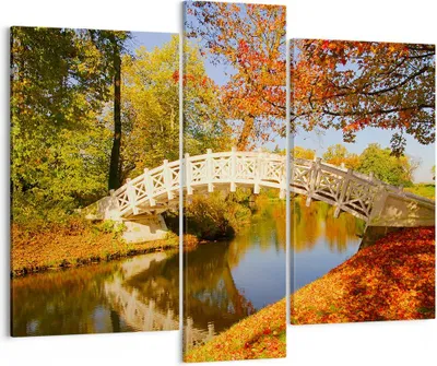 Produktbild von Bild auf Leinwand - Leinwandbild - Stream Fußgängerbrücke Herbst - 95x80cm - Wand Bild - Wanddeko - Leinwanddruck - Bilder - Kunstdruck - Wanddekoration - Leinwand bilder - Wandkunst - CB95x80-2654