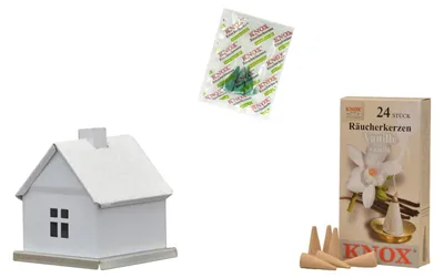Produktbild von KNOX Räucherhaus in Weiß mit 24 winterlichen Räucherkerzen "Vanille" - Inkl. 3x Meeresbrise - für winterlichen Duft und klassische Atmosphäre
