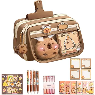 Imagen del producto de Estuche Kawaii con diseño de capibara, varios compartimentos, color marrón