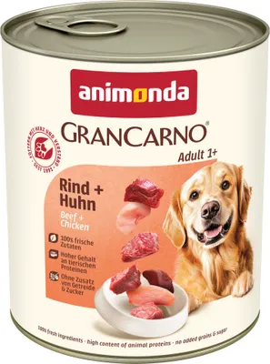 Produktbild von animonda GranCarno Hunde Nassfutter mit Rind + Huhn (6 x 800 g), getreidefreies Hundenassfutter ohne Zucker, für ausgewachsene Hunde, mit frischen fleischigen Zutaten