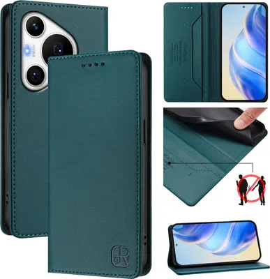 Produktbild von Lederhülle für Huawei Pura 70 Pro/Pura 70 Pro+ Hülle Flip Brieftasche Kartenfächern Ständer Schutzhülle Dunkelgrün